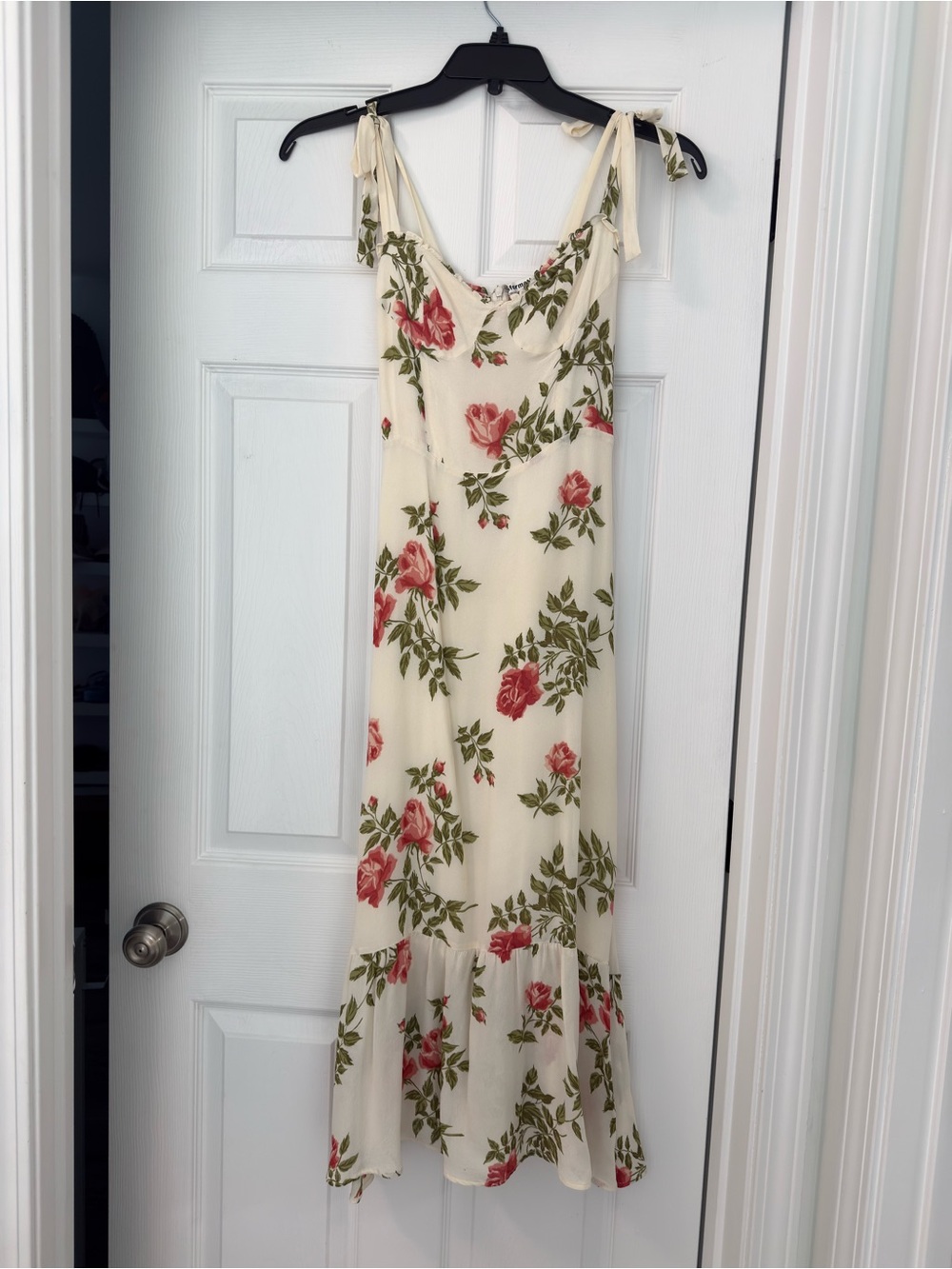 Reformation Cream Slip Dress with Rose Print